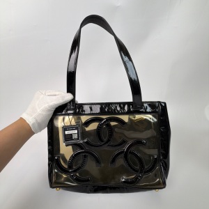 Chanel Chanel Black Vinyl Patent Leather Triple CC Tote