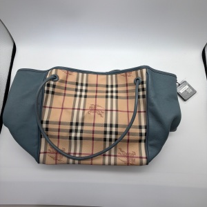 Burberry Burberry Haymarket Check Equestrian Knight Tote Blue Leather