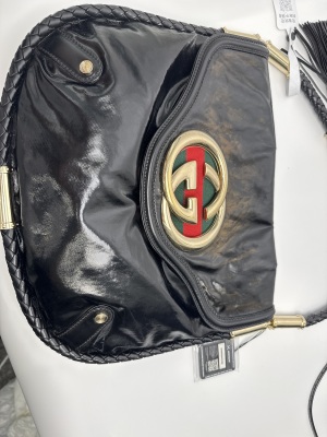 Gucci Gucci Black Patent Leather Interlocking G Hobo Bag