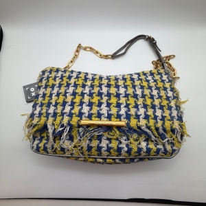 Miu Miu Miu Miu Blue and Yellow Houndstooth Tweed Fringe Shoulder Bag