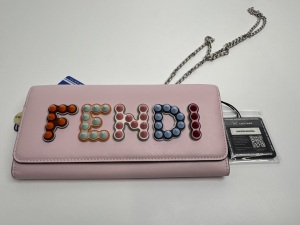 Fendi Fendi Pink Leather Studded Fendi Logo Wallet on Chain