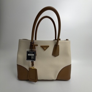 Prada Prada Saffiano and Soft Calf Leather Tote Bag White/Tan