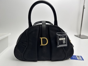 Dior Christian Dior Black Nylon and Croc-Embossed Leather D-Charm Bowler Bag