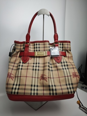 Burberry Burberry Haymarket Check Equestrian Knight Tote Red Leather